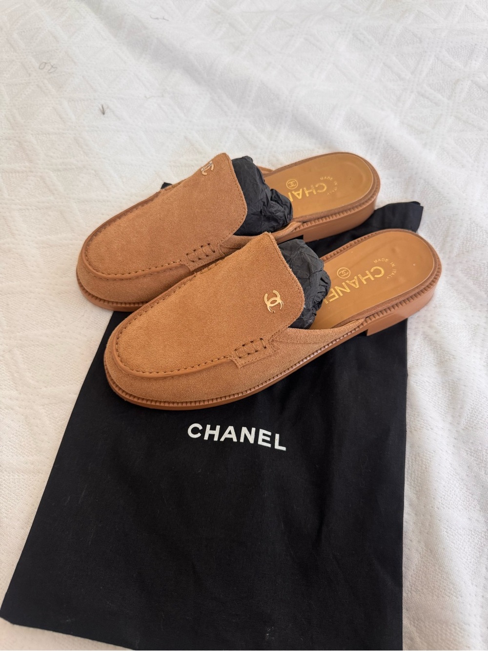 CHANEL Luxe Copy 1:1 Suede Backless Loafers in Brown